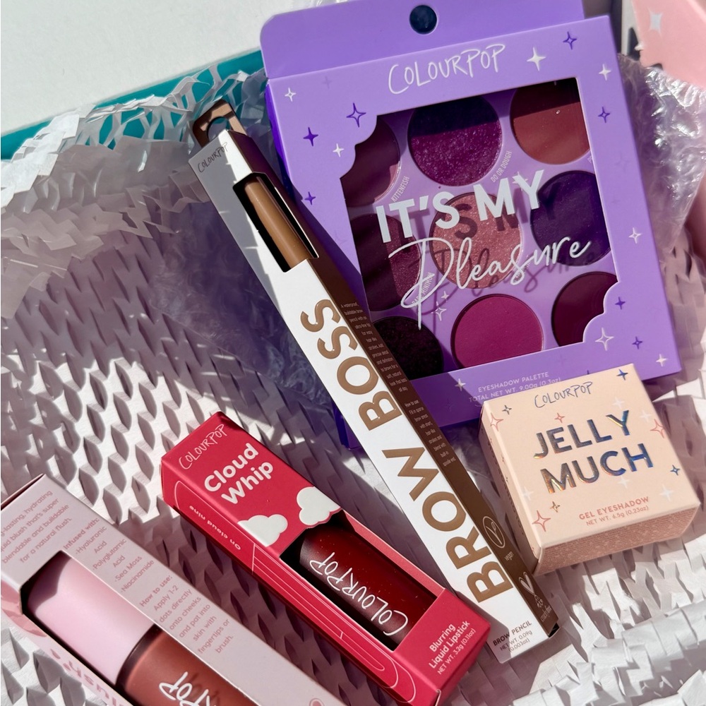 ColourPop purple eyeshadow palette with pink jelly shadow & red lip set
